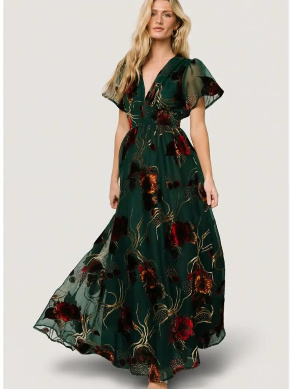 Baltic Born Valen Maxi Dress Velvet Floral Smocked Short Sleeve V Neck Green XL